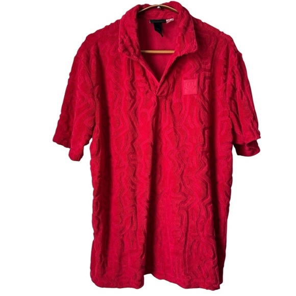 Keith Haring X Polo Shirt Mens Red Embossed Textured Print AOP Y2K Style H&M - Picture 3 of 8